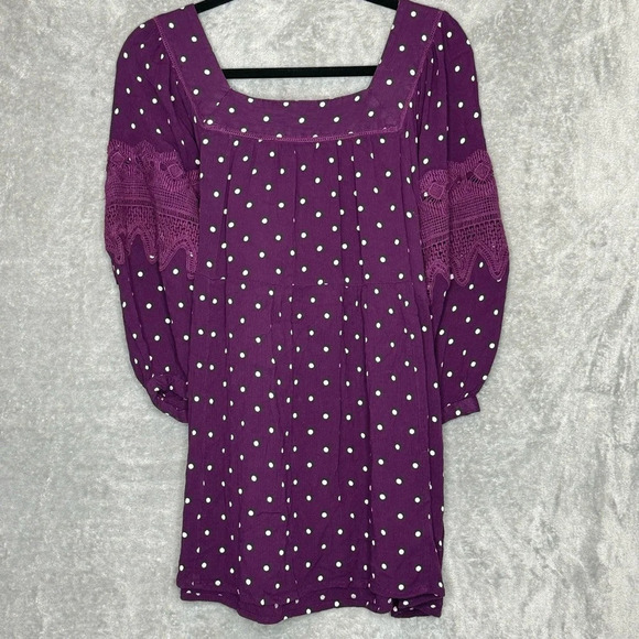 Roamans 16W 1X Shirt Top Purple Polka Dot Puff Short Sleeve Square Neck Knit - Picture 5 of 8